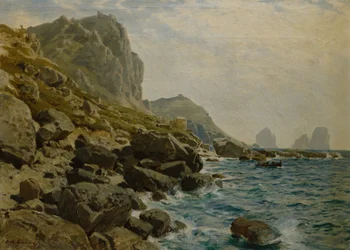 Dramático paisaje costero con barco (óleo sobre lienzo)