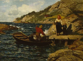 Pescador, mujer y niño junto al muelle