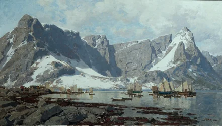 Paisaje nevado de Reine, Lofoten