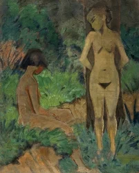 Bañistas bajo los árboles