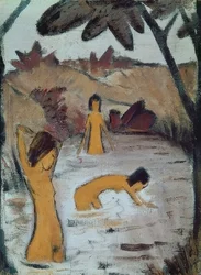Tres bañistas en el estanque
