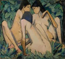 Tres muchachas en un bosque, c.1920 (óleo y temple sobre tabla)