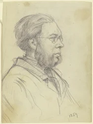 Retrato de busto de un hombre mirando a la izquierda con barba partida y gafas