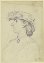 Retrato de dama con sombrero de perfil hacia la izquierda