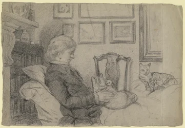 Luise Scholderer junto a la chimenea con muchos gatos