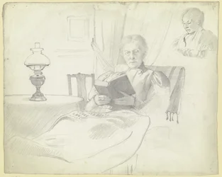 Luise Scholderer leyendo con mesa y lámpara, busto de una figura femenina al fondo