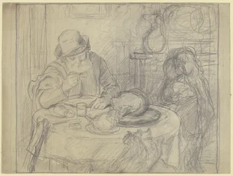 Hombre a la mesa de comedor con niño y gato