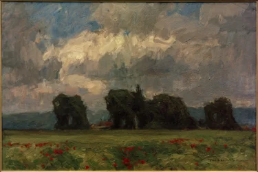 Paisaje oscuro de álamos con amapolas