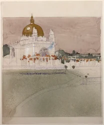 Iglesia del Asilo Steinhof, hospital central de Viena para enfermos mentales ... (lápiz, pluma, tinta y aguada)