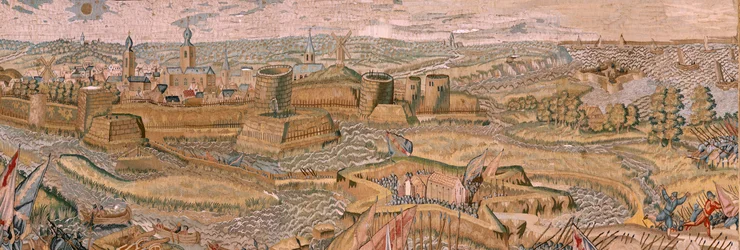 Tapiz flamenco. Serie Triunfos y batallas del Archiduque Alberto. Asalto y toma del campo de batalla atrincherado de Hulst (Asalto y toma del campo atrincherado de Hulst). Sexto tapiz de la serie. Modelo Otto van Veen y Hans I Snellinck. Fabricar