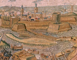 Tapiz flamenco. Serie Triunfos y batallas del Archiduque Alberto. Asalto y toma del campo de batalla atrincherado de Hulst (Asalto y toma del campo atrincherado de Hulst). Sexto tapiz de la serie. Modelo Otto van Veen y Hans I Snellinck. Fabricar