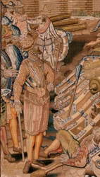 Tapiz flamenco. Serie Triunfos y batallas del Archiduque Alberto. Asalto a la ciudad de Calais (Asalto de la plaza de Calais). Segundo tapiz de la serie. Modelo Otto van Veen y Hans I Snellinck. Manufactura Martin Reynbouts, Bruselas