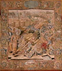 Tapiz flamenco. Serie Triunfos y batallas del Archiduque Alberto. Asalto a la ciudad de Calais (Asalto de la plaza de Calais). Segundo tapiz de la serie. Modelo Otto van Veen y Hans I Snellinck. Manufactura Martin Reynbouts, Bruselas