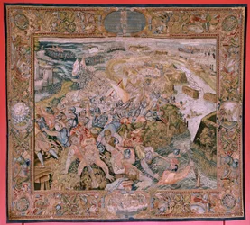 Tapiz flamenco. Serie Triunfos y batallas del Archiduque Alberto. Batalla en las trincheras de Hulst (Combate en las trincheras de Hulst). Quinto tapiz de la serie. Modelo Otto van Veen y Hans I Snellinck. Fabricación Martin Reynbouts, Bruselas. 1597-159