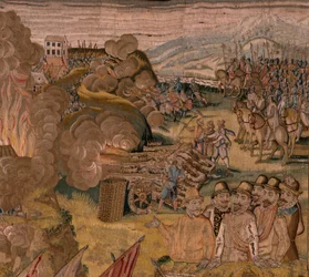 Tapiz flamenco. Serie Triunfos y batallas del Archiduque Alberto. Asalto nocturno de Ardres o Toma de la villa baja de Ardres (Asalto nocturno de Ardrés o Toma de la baja villa de Ardrés). Tercer tapiz de la serie. Modelo Otto van Veen y Hans I Snell