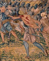 Tapiz flamenco. Serie Triunfos y batallas del Archiduque Alberto. Asalto nocturno de Ardres o Toma de la villa baja de Ardres (Asalto nocturno de Ardrés o Toma de la baja villa de Ardrés). Tercer tapiz de la serie. Modelo Otto van Veen y Hans I Snell