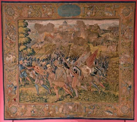Tapiz flamenco. Serie Triunfos y batallas del Archiduque Alberto. Asalto nocturno de Ardres o Toma de la villa baja de Ardres (Asalto nocturno de Ardrés o Toma de la baja villa de Ardrés). Tercer tapiz de la serie. Modelo Otto van Veen y Hans I Snell