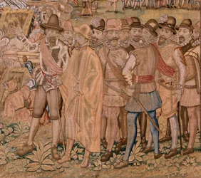 Tapiz flamenco. Serie Triunfos y batallas del Archiduque Alberto. La toma de la ciudad de Hulst (Toma de la Plaza de Hulst). Séptimo tapiz de la serie. Modelo Otto van Veen y Hans I Snellinck. Manufactura Martin Reynbouts, Bruselas