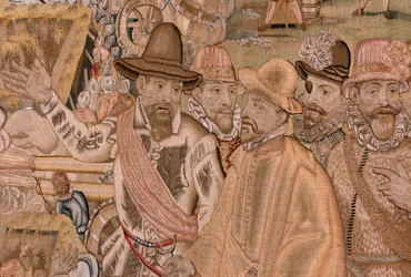 Tapiz flamenco. Serie Triunfos y batallas del Archiduque Alberto. La toma de la ciudad de Hulst (Toma de la Plaza de Hulst). Séptimo tapiz de la serie. Modelo Otto van Veen y Hans I Snellinck. Manufactura Martin Reynbouts, Bruselas