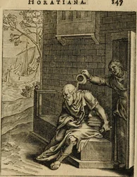 Xantipa vaciando un orinal sobre Sócrates. De Emblemata Horatiana, 1607