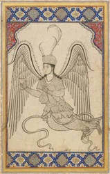 Ángel volador con copa y cantimplora (Tinta, aguada de color y oro sobre papel)