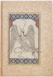 Ángel volador con copa y cantimplora (Tinta, aguada de color y oro sobre papel)