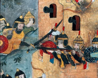 Escena de batalla entre el ejército otomano de Murad III (1546-1595) y los defensores de una fortaleza. Detalle tártaro. Miniatura del códice R-1296. Siglo XVI