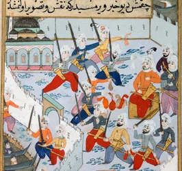 Captura de Constantinopla: el ejército del sultán otomano Mehmet II (1430-1481) en el Cuerno de Oro asedia la ciudad de Constantinopla en 1453. Miniatura del siglo XV. Biblioteca del Museo Topkapi Sarayi, Estambul