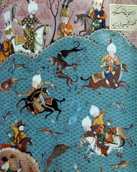 Escena de caza en presencia del Sultán Murad II (Murat) (1404-1451). Miniatura del siglo XVII. Estambul, Biblioteca del Museo Topkapi Sarayi