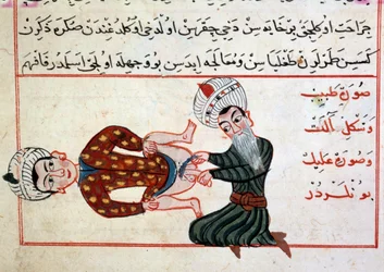 Medicina: emasculación de un hermafrodita. Miniatura de un tratado de medicina turca por Sharaf al-din