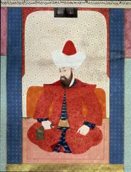 Imperio Otomano: Retrato del Sultán del Imperio Otomano Orhan I (1281-1360). Miniatura del “Zubdat al Tawarikh” (Ms. 1973, fol. 59b) por Seyyyd Lokman Ashuri 1583. Estambul, Museo de Arte Turco e Islámico