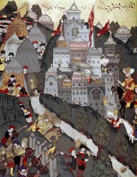 Imperio otomano: el sultán Bayezid I (Bajazet) (hacia 1360-1402) regresó victorioso a la ciudad de Nicópolis tras la batalla del mismo nombre el 25/09/1396. Miniatura del siglo XVI. Estambul, Biblioteca del Museo del Palacio de Topkapi.