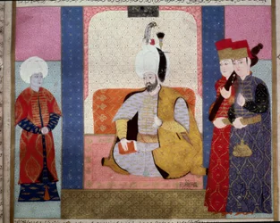 Imperio Otomano: Sultán Murad III (1546-1595) rodeado de cortesanos. Miniatura del “Zubdat al Tawarikh” (Ms. 1973, fol. 59b) por Seyyd Lokman Ashuri 1583. Estambul, Museo de Arte Turco e Islámico