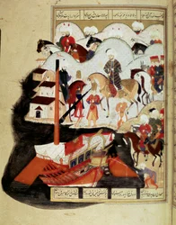 Imperio Otomano: “Sultán Murad III (1574-1595) visitando el puerto de Constantinopla” Miniatura del manuscrito ms. FY 1404 “Sehinsahname” (La Historia del Rey de Reyes) poema