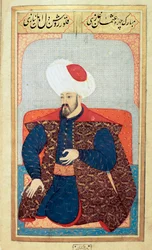 Imperio Otomano: retrato del primer sultán Osman I (1258-1326). Miniatura del manuscrito "Fisonomía humana (Sobre las disposiciones personales de los otomanos)" por Seyyid Lokman Hussein. (Ms. ty6087 folio 21b)