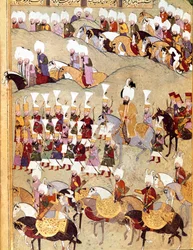 Imperio Otomano: representación del sultán otomano Murad II (Murat) (1404-1451) y su ejército durante la invasión de Persia. Miniatura del manuscrito ms. FY 1404 “Sehinsahname”