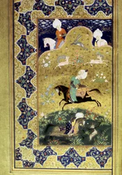 Imperio Otomano: representación del Sultán Selim I llamado el Terrible (1470-1520) a caballo durante una cacería luchando contra un guepardo. Miniatura del “Divan” (colección de poemas) escrito por el Sultán Selim I. (Ms. FY1330, fol. 58a) siglo XVI