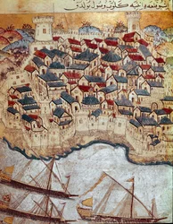 Imperio Otomano: representación de una ciudad fortificada en la orilla del Danubio conquistada por Solimán I el Magnífico durante su marcha sobre Budapest y Viena (1526-1529)
