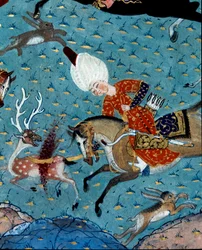 Representación de los cortesanos del sultán Murad II (Murat) (1404-1451) cazando ciervos y liebres. (detalle) Miniatura del siglo XVII. Estambul, Biblioteca del Museo Topkapi Sarayi