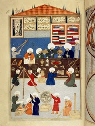 Ciencia e Islam: descripción del observatorio astronómico del científico árabe Taqi al-Din (1526-1585) construido bajo Murad III en Estambul en 1577, los astrónomos trabajan con instrumentos. Miniatura del manuscrito ms. FY 1404