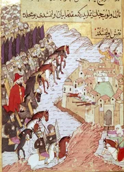 Segunda Cruzada (1147-1149): los cruzados frente a la ciudad de Alepo en Siria. Miniatura del siglo XVI. Topkapi Sarayi, Estambul