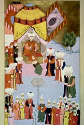 Sultán Bayezid I (1360-ca. 1402) en su corte. Miniatura del “Hunername” de Lokman, vol. 1 (H 1523, f.7) 1584. Biblioteca del Museo Topkapi Sarayi, Estambul