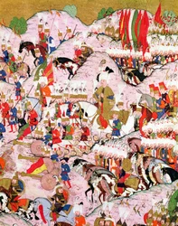 Manuscrito TSM H.1524 "Hunername": Suleyman el Magnífico (1494-1566) en la batalla de Mohacs en 1526, del "Libro de la Excelencia" de Lokman