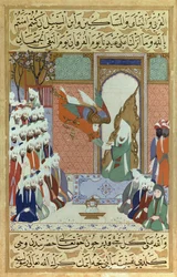 El arcángel Gabriel revela la 8.ª sura, capítulo del Corán, una miniatura de Mahoma de «Siyari Nabi» (Vida del Profeta)