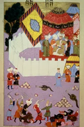 El asesinato del Sultán Murad I (1326-1389) por el caballero serbio Milos Obilic (Kobilic o Kobilovic) (muerto en 1389) en la Batalla de Kosovo tras la victoria de los otomanos sobre los serbios. Miniatura del “Hunername” de Lokman, vol. 1 (H 1523, f.7) 15