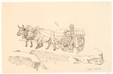 Un campesino caminando junto a su carro de bueyes