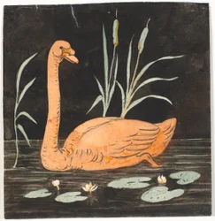 Un cisne sobre fondo negro. Boceto decorativo.