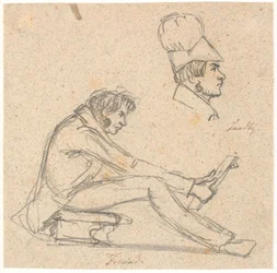 H.E. Freund sentado en un taburete observando un dibujo. Arriba a la derecha, retrato de perfil de J. Th. Lundbye.