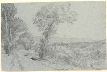 Paisaje montañoso italiano con vista hacia "Genazzano 9 de julio de 1869"