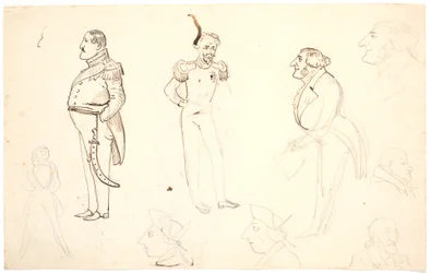 Caricatura de Federico VII y otros, incluyendo a Grundtvig, probablemente Orla Lehmann y otros
